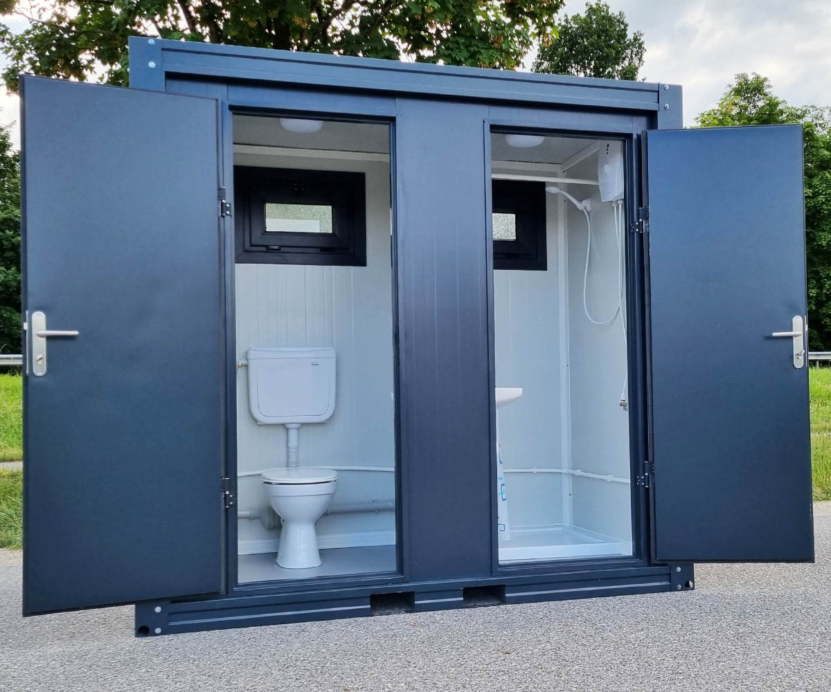 Sanitärcontainer SCDD RAL 7016 Anthrazitgrau | H 2350 x B 2400 x T 1250 mm | 2 Türen | mit Dusche